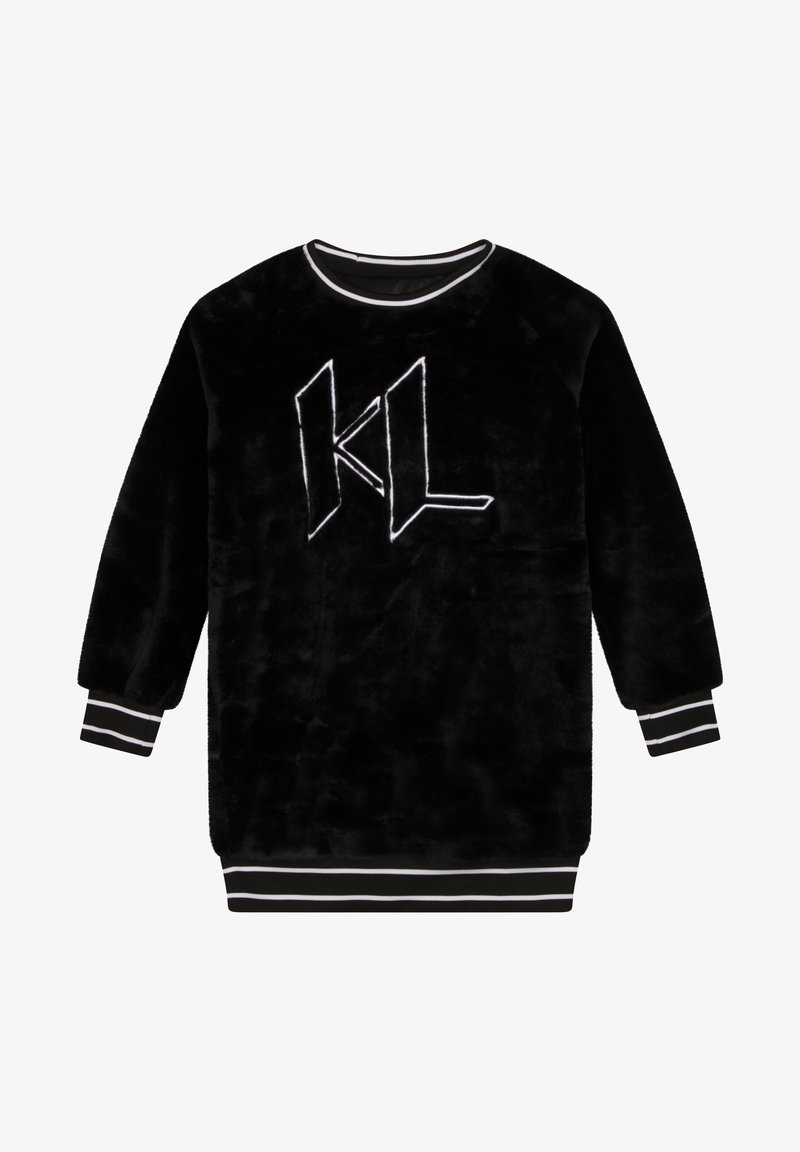 Svart fluffig sweatshirt med vit "KL" brodyr, rund hals och randiga muddar. Har en mjuk textur och avslappnad passform.