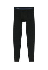 Black long underwear made of soft fabric, featuring a fitted design, stretch waistband with blue accent, and a contoured pouch.