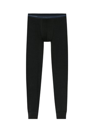 Black long underwear made of soft fabric, featuring a fitted design, stretch waistband with blue accent, and a contoured pouch.