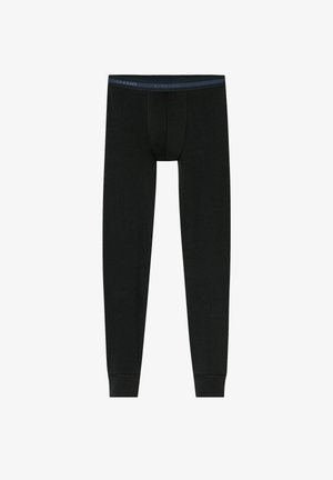 Black long underwear made of soft fabric, featuring a fitted design, stretch waistband with blue accent, and a contoured pouch.