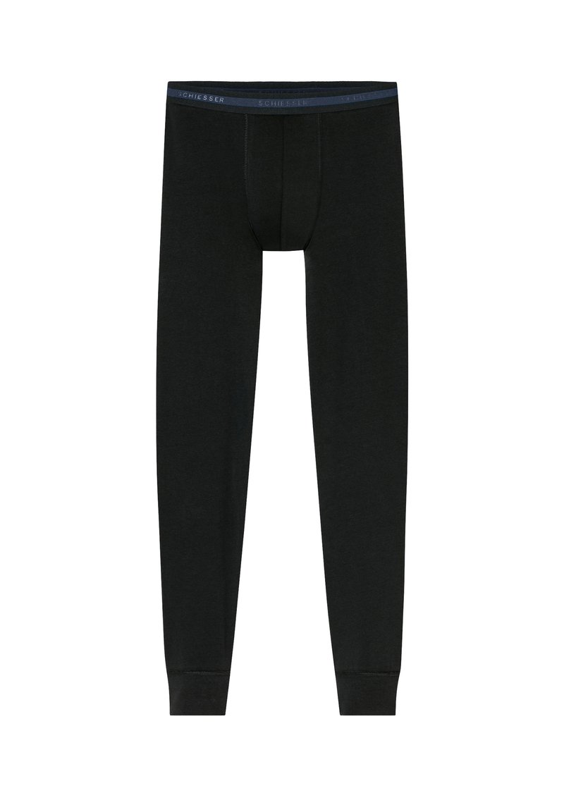 Black long underwear made of soft fabric, featuring a fitted design, stretch waistband with blue accent, and a contoured pouch.
