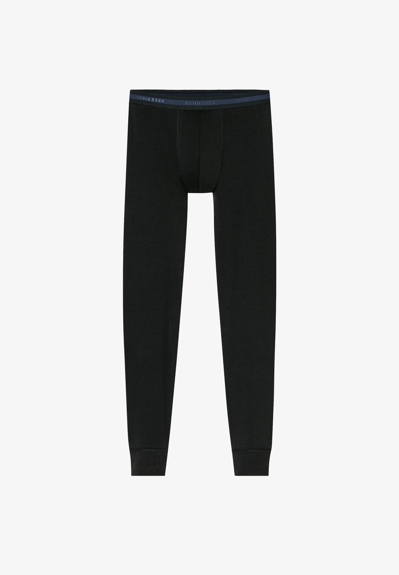 Schwarz lange Unterwäsche aus weichem Stoff, mit einem taillierten Design, elastischem Bund mit blauen Akzenten und einer konturierten Pouch.