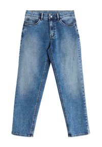 Lyseblå denim jeans med lige ben design, fem lommer og knaplukning. Har en falmet tekstur og synlige syninger som detaljer.