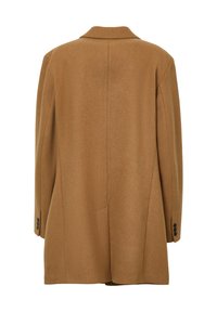 Cappotto di lana marrone con collo a pistagna, forma leggermente oversize, polsini con doppio bottone e design della schiena dritta. Include tasche laterali.