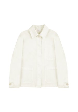 Giacca avorio realizzata in tessuto resistente, dotata di colletto, chiusura frontale con bottoni, due tasche anteriori e dettagli con bottoni sulle maniche.