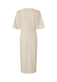 Robe midi crème avec manches courtes, encolure ronde et fermeture éclair au dos. Tissu lisse avec une silhouette droite et un détail de couture centrale.