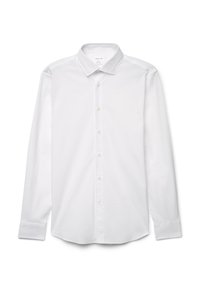 Weißes Hemd mit Knopfleiste und langen Ärmeln, ausgestattet mit einem klassischen Kragen, einer vorderen Knopfleiste und einem glatten, knitterfreien Stoff.