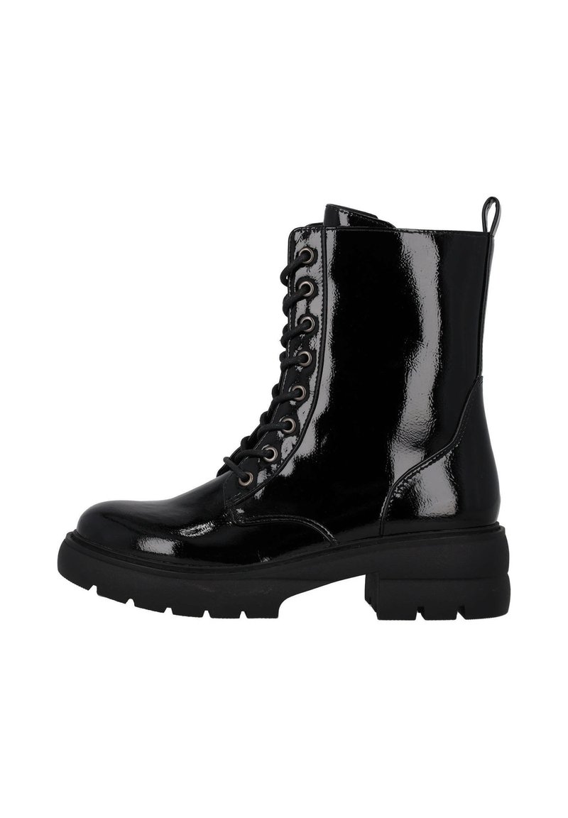 Stivaletto in pelle verniciata nera con lacci frontali, punta rotonda e suola in gomma spessa. Dotato di una linguetta sul retro per una facile calzata.