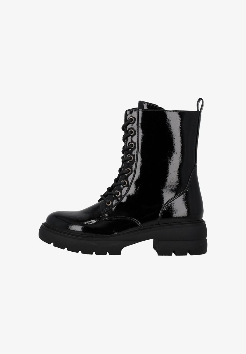 Stivaletto in pelle verniciata nera con lacci frontali, punta rotonda e suola in gomma spessa. Dotato di una linguetta sul retro per una facile calzata.