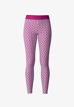 Pink and white patterned leggings with a solid pink waistband, featuring a repeating diamond and floral design.