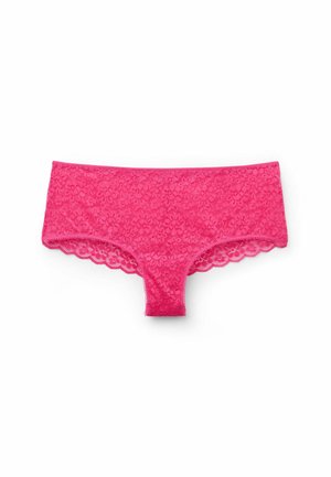Calzoncillos boxer de encaje rosa con patrón floral, bordes ondulados y una textura suave. Diseñados para la comodidad y un ajuste ceñido.