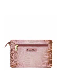 Rosa Krokodilleder-Umhängetasche mit Reißverschluss, ausgestattet mit goldfarbenen Hardware-Elementen und einer Vordertasche mit einem markierten Etikett.