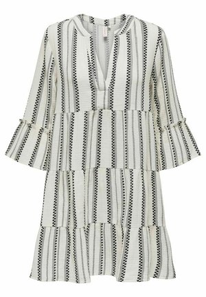 Mustriga must-valge kleit V-kaelusega ja kärbitud varrukatega. Omab astmelist disaini, tekstureeritud kangast ja kontrastseid mustreid kogu kleidi ulatuses.