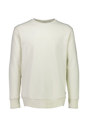 Lys cremefarvet sweatshirt med rund halsudskæring, ribbet manchetter og et diskret præget logo på brystet. Blød, glat tekstur.