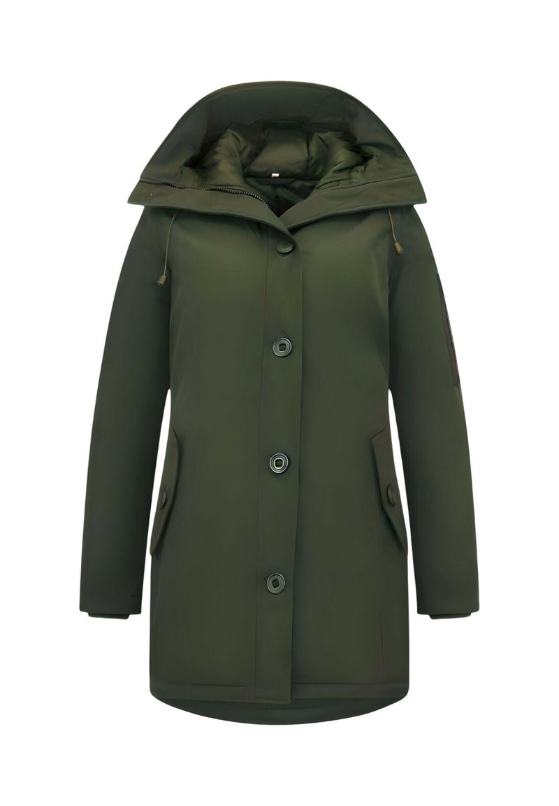 Donkergroene lange parka met grote capuchon, knoopsluiting aan de voorkant, twee klepzakken aan de zijkant en lange mouwen, weergegeven op een witte achtergrond.