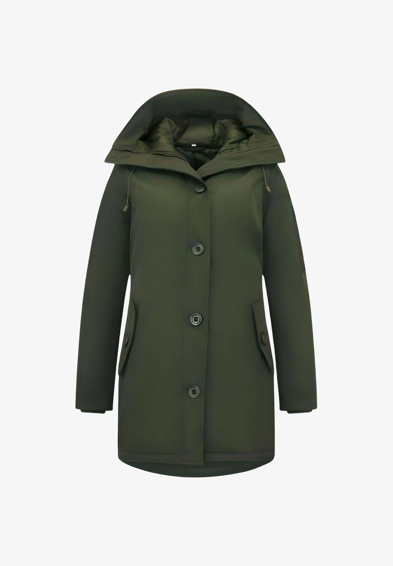 Donkergroene lange parka met grote capuchon, knoopsluiting aan de voorkant, twee klepzakken aan de zijkant en lange mouwen, weergegeven op een witte achtergrond.