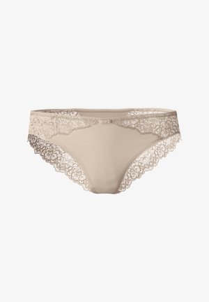 Beige lace panties with a smooth fabric body, intricate floral lace trim along the edges, and a small bow detail at the front.