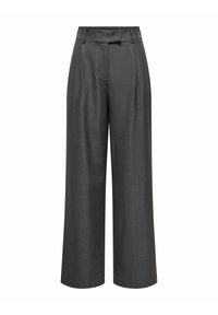 Pantalon large gris foncé avec passants pour ceinture et fermeture avant dissimulée, présenté sur un fond blanc.