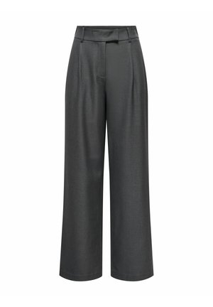 Pantalon large gris foncé avec passants pour ceinture et fermeture avant dissimulée, présenté sur un fond blanc.