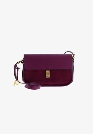 Purple leather shoulder bag with a textured suede front, gold hardware clasp, and a detachable strap, featuring a rectangular shape.