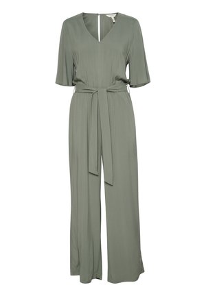 Roheline, lühikeste varrukatega kombinesoon V-kaelusega, volditud tekstuuriga, vöödiga taljes ja laienevate jalgadega. Sisaldab tagumist tõmblukk. Kerge kangas.