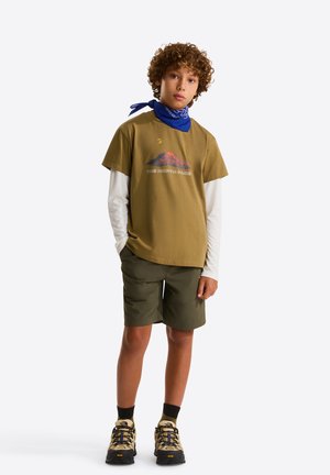 Oliivinvihreä lyhythihainen paita, jossa vuoristokuvio, valkoisen pitkähihaisen paidan päällä. Päällä khakinväriset shortsit ja kuvioidut vaelluskengät.