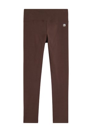 Leggings atletici marroni con una cintura ampia e liscia e un piccolo logo. Realizzati in un tessuto elasticizzato, offrono una vestibilità aderente.