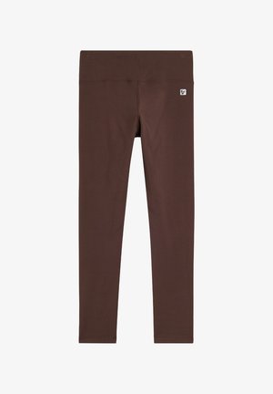 Leggings atletici marroni con una cintura ampia e liscia e un piccolo logo. Realizzati in un tessuto elasticizzato, offrono una vestibilità aderente.