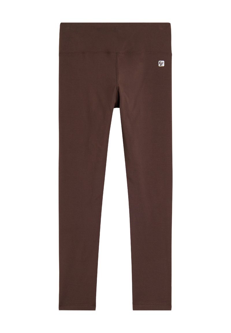 Leggings atletici marroni con una cintura ampia e liscia e un piccolo logo. Realizzati in un tessuto elasticizzato, offrono una vestibilità aderente.