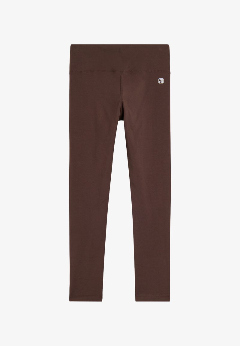 Leggings atletici marroni con una cintura ampia e liscia e un piccolo logo. Realizzati in un tessuto elasticizzato, offrono una vestibilità aderente.