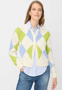 Argyle-musterte Strickjacke in Creme, Grün und Hellblau. Gemütliches Strickmaterial, mit Knöpfen verschließbar, im Cropped-Stil, getragen über einem blau gestreiften Hemd.