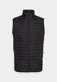 Schwarze gesteppte ärmellose Weste mit durchgehendem Reißverschluss und zwei Reißverschluss-Seitentaschen, Stehkragen.