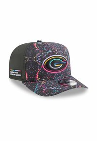 Black cap with splatter pattern in pink, blue, and yellow. Features a circular logo and a tag reading "Crucial Catch Intercept Cancer."