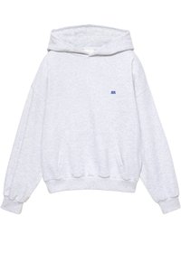 Felpa in cotone grigio chiaro con grande tasca a marsupio, maniche oversize, polsini a costine e piccolo logo blu sul petto.