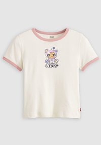 Hvit bomull T-skjorte med rosa krage og ermer. Har et fargerikt kattemotiv med et virvelmønster og blomster, samt "Levi's"-logo.