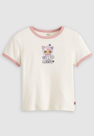 Tricou alb din bumbac cu guler și mâneci roz. Prezintă un grafic colorat cu o pisică, un model în spirală și flori, plus logo-ul "Levi's".