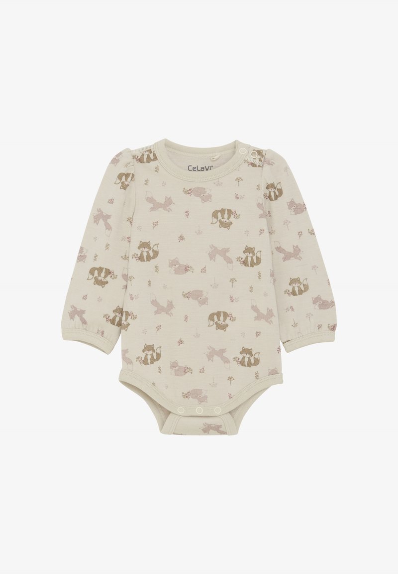 Długi rękaw bodysuit dla niemowląt z miękkiego kremowego materiału z fantazyjnym nadrukiem zwierząt przedstawiającym lisy i inne leśne stworzenia w stonowanych kolorach.