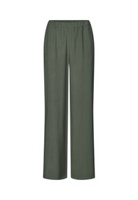 Pantalons larges verts avec une taille élastique ; fabriqués à partir d'un tissu léger et lisse, sans motifs ni accents supplémentaires.