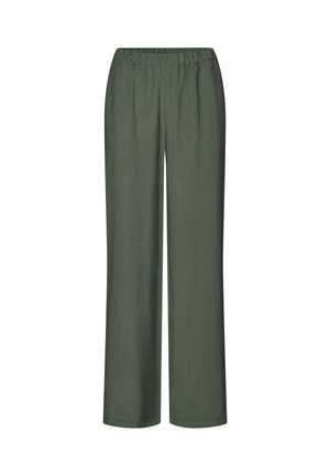 Πράσινο, φαρδύ παντελόνι με ελαστική μέση; κατασκευασμένο από ελαφρύ, λείο ύφασμα, χωρίς επιπλέον σχέδια ή διακοσμήσεις.