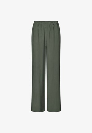 Pantalons larges verts avec une taille élastique ; fabriqués à partir d'un tissu léger et lisse, sans motifs ni accents supplémentaires.