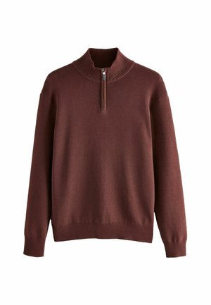 Bordeauxroter Pullover mit hohem Kragen und halbem Reißverschluss. Hergestellt aus einem gerippten Material, mit langen Ärmeln und einem lockeren Schnitt am Saum.