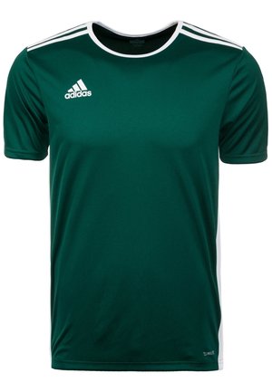 Ciemnozielona sportowa koszulka Adidas z białym kołnierzem, trzema białymi paskami na ramionach i logo Adidas na prawej piersi