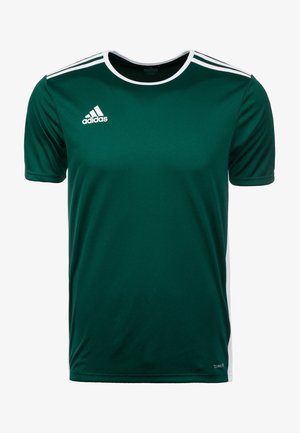 Maillot de sport Adidas vert foncé avec col blanc, trois bandes blanches sur les épaules et logo Adidas sur la poitrine droite