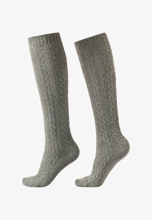 Knähöga strumpor i en texturerad grå stickning, med ett kabelmönster och ribbade muddar för ökad stöd och komfort.