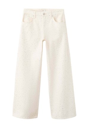 Jean blanc à jambes larges avec un motif noir subtilement moucheté, bouton à l'avant et poches, présenté sur fond blanc.