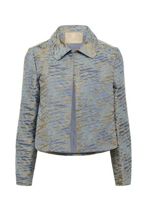 Veste bleue et dorée à motifs avec col, design court, manches longues et tissu texturé. Fermeture frontale et doublure lisse.