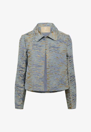 Giacca blu e oro con motivo, colletto, design accorciato, maniche lunghe e tessuto texturizzato. Chiusura frontale e foderatura liscia.