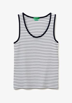 Débardeur blanc sans manches avec fines rayures horizontales noires et bordure noire autour du col et des emmanchures, posé à plat sur fond blanc.