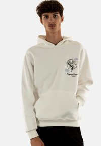 Hoodie en coton blanc avec une poche avant, un capuchon à cordon de serrage et un imprimé graphique avec un design de bicyclette et du texte sur la poitrine.