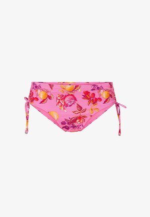 Pink floral bikini bottom with side ties, featuring vibrant yellow and purple flower patterns on a textured fabric.
